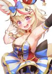  1girl :d absurdres ahoge animal_ears armpits blonde_hair blush bow braid breasts cleavage club_hair_ornament dress fox_ears hair_bow hair_ornament hairclip hat heart heart-shaped_pupils heart_hair_ornament highres hololive jester_cap keureu_(tiqkdtiqkd10) large_breasts multicolored_hair nail_polish omaru_polka open_mouth playing_card_theme purple_eyes side_braid sideboob sleeveless sleeveless_dress smile solo spade_hair_ornament streaked_hair symbol-shaped_pupils virtual_youtuber 