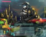  anthro armor blue_hair cyberpunk_2077 detailed_background english_text fangs fish grey_body gun hair hi_res holding_object holding_weapon link2004 male marine multicolored_body nika_sharkeh open_mouth open_smile ranged_weapon rifle shark smile solo speech_bubble text two_tone_body weapon white_body 