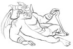  anthro asher_(spyro) bandage barbie_doll_anatomy black_and_white cane dragon male monochrome simple_background sketch smile solo tattoo teeth_showing thegreatmatsutzu white_background 