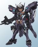  1girl breasts brown_hair cosplay cowlick dark_skin dual_wielding gun holding holding_gun holding_weapon looking_at_viewer mecha_musume muvluv muvluv_alternative muvluv_total_eclipse purple_eyes sidehiwinder small_breasts smile solo standing tarisa_manandal type_94_shiranui type_94_shiranui_(cosplay) underboob weapon 