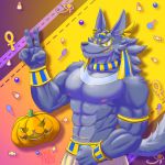  anthro anubian_jackal anubis bracelet candy canid canine canis clothing costume deity egyptian egyptian_mythology food fruit fur halloween hi_res holidays hybrid jackal jake_vilandras jewelry looking_at_viewer male mammal middle_eastern_mythology muscular muscular_anthro muscular_male mythology nipples plant pumpkin smile solo thebarabandit 