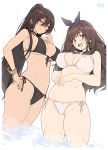  2girls absurdres bangs bare_shoulders bikini black_bikini black_hair blue_ribbon blush breasts brown_eyes brown_hair cleavage collarbone hair_ribbon high_ponytail highres idolmaster idolmaster_shiny_colors large_breasts long_hair looking_at_viewer multiple_girls navel open_mouth ponytail ribbon shirase_sakuya smile swimsuit thighs tsukioka_kogane wading water wet white_bikini whoosaku yellow_eyes 