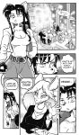  anthro breasts canid canine cleavage clock clothed clothing comic daigaijin debbie_(furryfight_chronicles) dialogue english_text female fox fur furryfight_chronicles group hair hi_res kalita_(furryfight_chronicles) male mammal monochrome text watch 