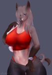  absurd_res anthro blue_eyes blush bodily_fluids breasts brown_body butt canid canine clothed clothing drill female fur hair hi_res looking_at_viewer mammal ranadi simple_background smile solo suid suina sus_(pig) wild_boar 