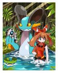  1girl aron bangs bare_arms bow_hairband brown_hair closed_mouth commentary_request day eyelashes foliage gen_3_pokemon grey_eyes hairband highres hyou_(hyouga617) light_beam looking_to_the_side lotad may_(pokemon) pokemon pokemon_(creature) pokemon_(game) pokemon_oras red_hairband red_shirt shirt shorts sleeveless sleeveless_shirt swampert wading water white_shorts 
