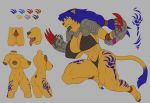  anthro armor blade_arm blue_hair breasts butt claws clothed clothing fangs felid female fluffy fluffy_tail fur genitals hair link2004 lion mammal model_sheet muscular muscular_anthro muscular_female nipple_outline nipples open_mouth pantherine partially_clothed pussy solo tongue tongue_out yellow_body yellow_eyes yellow_fur 