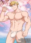  1boy abs alternate_costume ass_visible_through_thighs bara blonde_hair bulge cherry_blossoms chest cowboy_shot fundoshi granblue_fantasy green_eyes gumroad_username japanese_clothes kienbiu male_focus muscle navel nipples patreon_username short_hair solo spread_legs thick_thighs thighs twitter_username underwear underwear_only vane_(granblue_fantasy) 