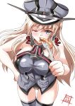  1girl absurdres anchor artist_logo bare_shoulders bismarck_(kantai_collection) black_panties blonde_hair blue_eyes commentary_request cowboy_shot eating food from_above grey_headwear hat highres kantai_collection kentan_(kingtaiki) looking_at_viewer military military_hat military_uniform panties peaked_cap sausage simple_background solo standing thigh_gap thighhighs underwear uniform white_background 