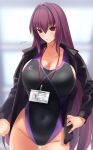  1girl black_swimsuit breasts cleavage collarbone commentary_request competition_swimsuit cowboy_shot fate/grand_order fate_(series) gachou hair_intakes highres holding huge_breasts id_card jacket long_hair looking_at_viewer one-piece_swimsuit open_clothes open_jacket purple_hair red_eyes scathach_(fate)_(all) scathach_(fate/grand_order) solo swimsuit very_long_hair 