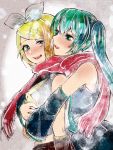  2girls blonde_hair blue_eyes blue_hair bow detached_sleeves hair_bow hatsune_miku hug hug_from_behind kagamine_rin meriko multiple_girls open_mouth red_scarf scarf short_hair twintails vocaloid white_bow winter yuri 