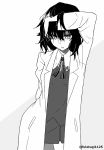  1girl absurdres artist_name black_hair futatugikota hand_in_hair hand_on_own_head highres labcoat medium_hair monochrome nunotaba_shinobu open_mouth school_uniform short_hair skirt solo to_aru_kagaku_no_railgun to_aru_majutsu_no_index 