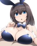  1girl animal_ears black_hair black_leotard black_neckwear blue_eyes bow bowtie breasts bunny_ears cleavage commentary_request detached_collar idolmaster idolmaster_cinderella_girls large_breasts leotard looking_at_viewer medium_breasts pantyhose pataneet playboy_bunny sagisawa_fumika simple_background solo strapless strapless_leotard upper_body white_background wrist_cuffs 