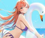  ameyame arisugawa_natsuha bikini blush cropped gray_eyes idolmaster idolmaster_shiny_colors long_hair navel pink_hair sky swimsuit wet 