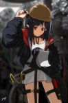 1girl arknights artist_name bangs black_choker black_hair black_jacket blurry blurry_background breasts choker closed_mouth closure_(arknights) collarbone cowboy_shot english_commentary expressionless eyebrows_visible_through_hair hair_between_eyes hardhat helmet highres holding holding_marker holding_paper id_card j_orange jacket lanyard long_hair long_sleeves looking_at_viewer marker open_clothes open_jacket paper pointy_ears red_eyes science shirt signature solo thigh_strap tool_belt white_shirt 