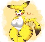  anthro big_breasts breasts fangs female hi_res jhenightfox looking_at_another nintendo pattern_background pikachu pok&eacute;mon pok&eacute;mon_(species) simple_background smile solo thick_thighs video_games yellow_body yellow_skin 