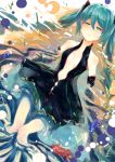  1girl alternate_costume aqua_eyes aqua_hair bangs bare_shoulders black_dress black_eyes black_gloves breasts bubble center_opening clothing_cutout cluseller colorful commentary dress elbow_gloves eyebrows_visible_through_hair fish from_above gloves grass hair_ornament half-closed_eyes hatsune_miku highres knees_together_feet_apart long_hair looking_down lying navel on_back open_mouth opening_eyes parted_lips partially_submerged shiny shiny_hair shiny_skin sleeveless sleeveless_dress small_breasts solo thigh_gap tied_hair twintails vocaloid water 