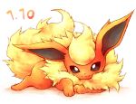  black_eyes closed_mouth commentary_request flareon full_body fur gen_1_pokemon kuronekotarou looking_at_viewer lying no_humans on_stomach paws pokemon pokemon_(creature) smile solo yellow_fur 