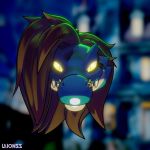  3d_(artwork) ambiguous_gender anthro black_body black_scales blue_body blue_scales blurred_background brown_hair crocodile crocodilian crocodylid digital_media_(artwork) disembodied_head english_text female_(lore) front_view glowing glowing_eyes hair headshot_portrait hi_res laionss looking_at_viewer multicolored_body multicolored_scales overbite portrait pupils reptile scales scalie scampi sharp_teeth signature simple_background slit_pupils solo tan_body tan_scales teeth text underbite yellow_sclera 