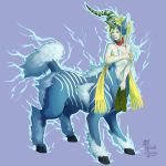  1:1 2020 alternate_species blonde_hair blue_body breasts centaur covering covering_breasts equid equid_taur female final_fantasy final_fantasy_x fusion green_eyes hair hi_res hooves horn ixion mammal mammal_taur mostly_nude navel open_mouth rikku_(final_fantasy) scarf scarf_only simple_background solo square_enix standing surprise taur video_games witchofavalon 