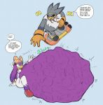  2018 abdominal_bulge after_vore anthro avian beak belly big_belly bird blue_background blue_eyes clothing english_text female female_pred gloves grey_body group handwear hi_res hyper hyper_belly male multiple_prey overweight purple_body simple_background sonic_riders sonic_the_hedgehog_(series) speech_bubble storm_the_albatross text vore wave_the_swallow zildtek 
