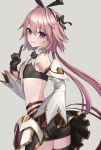  1boy absurdres ass astolfo_(fate) astolfo_(saber)_(fate) bangs black_bow black_gloves black_neckwear black_ribbon black_skirt blush bow bowtie darutanyan1023 fate/grand_order fate_(series) flat_chest from_behind gloves hair_intakes highres long_hair long_sleeves looking_at_viewer low_twintails male_focus midriff multicolored_hair otoko_no_ko pink_hair purple_eyes ribbon skirt smile streaked_hair twintails white_hair 