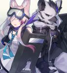  1boy 1girl animal_ear_fluff animal_ears arknights bangs black_gloves black_jacket cardigan_(arknights) commentary_request cowboy_shot dog_ears eyebrows_visible_through_hair fingerless_gloves furry gloves goggles goggles_on_head hair_between_eyes holding holding_shield jacket long_hair looking_at_viewer open_mouth purple_eyes sasa_onigiri shield smile spot_(arknights) 