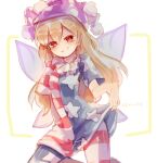  1girl american_flag american_flag_dress american_flag_legwear blonde_hair clothes_lift clownpiece commentary_request dress dress_lift fairy fairy_wings frilled_shirt_collar frills hat jester_cap long_hair neck_ruff pantyhose pink_eyes polka_dot print_legwear short_dress short_sleeves solo sorani_(kaeru0768) star_(symbol) star_print striped striped_legwear touhou very_long_hair wings 