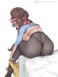  1girl ass breasts brown_hair cutesexyrobutts double_bun from_behind highres large_breasts long_hair nintendo pantyhose pokemon pokemon_(game) pokemon_bw2 rosa_(pokemon) simple_background solo thong very_long_hair white_background 