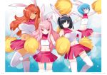  4girls animal_ears blue_hair breasts bunny_ears cheerleader dark_skin flat_chest highres kirche_augusta_frederica_von_anhalt_zerbst large_breasts louise_francoise_le_blanc_de_la_valliere midriff multiple_girls navel noise_reduction official_art pink_hair pom_poms red-framed_eyewear red_hair red_skirt scan siesta_(zero_no_tsukaima) skirt tabitha_(zero_no_tsukaima) thighhighs usatsuka_eiji white_legwear zero_no_tsukaima zettai_ryouiki 