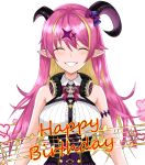  1girl arm_strap arms_behind_back asymmetrical_horns bangs bare_shoulders beamed_eighth_notes birthday blonde_hair bow bowtie breasts chest_harness commentary demon_girl demon_horns eighth_note eyebrows_visible_through_hair facing_viewer happy_birthday harness headphones headphones_around_neck heart highres hololive horn_bow horns long_hair looking_at_viewer mano_aloe multicolored_hair musical_note pink_hair quarter_note simple_background smile solo staff_(music) two-tone_hair vik_(xypt7474) virtual_youtuber white_background 