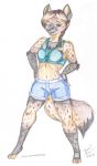  2020 4_toes anthro arm_tuft barefoot black_nose black_spots bottomwear braided_hair breasts brown_body brown_fur brown_hair chest_tuft clothed clothing confident cutoffs denim denim_clothing dreaj1 elbow_tufts female fur hair hands_on_hips hi_res hyaenid inkohaulyc-1 looking_at_viewer mammal midriff navel oria_corduroy ponytail shirt shorts simple_background smile solo spots spotted_body spotted_fur spotted_hyena spotted_tail standing tank_top toes topwear traditional_media_(artwork) tuft white_background 