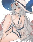  alternate_costume arknights breasts cleavage eyewear_on_head hat highres large_breasts mikojin red_eyes short_shorts shorts simple_background skadi_(arknights) white_hair 