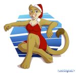  anthro christmas clothed clothing crossed_legs dress felid female hat headgear headwear hi_res holidays kimani kutekittykatt licking licking_lips lion looking_at_viewer mammal pantherine raised_tail red_clothing santa_hat solo tongue tongue_out 