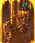  1girl bangs bare_shoulders black_hair blunt_bangs breasts dark_skin gold groin highres horns humanization kulve_taroth looking_at_viewer molten_metal monster_girl monster_hunter monster_hunter:_world muhut navel pointy_ears signature solo stalagmite tail 