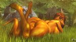  2020 3d_(artwork) 5_toes anthro breasts brown_hair butt connivingrat digital_media_(artwork) dragon female gold_body grass hair hi_res horn looking_at_viewer lying nude on_front orange_body outside rear_view rock solo toes tree voca_(connivingrat) watermark wingless_dragon yellow_eyes 
