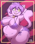  anthro bell belly big_breasts bikini breasts clair_(nekocrispy) clothed clothing domestic_cat eyelashes felid feline felis female fur hair hands_behind_head mammal navel nekocrispy obese obese_anthro obese_female open_mouth open_smile overweight overweight_anthro overweight_female purple_body purple_fur purple_hair signature smile solo swimwear teeth yellow_eyes 