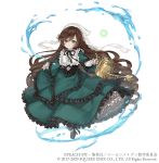  1girl brown_hair crossover dress dress_lift drill_hair frilled_dress frills full_body gothic_lolita green_dress green_eyes heterochromia highres ji_no lolita_fashion long_hair looking_at_viewer official_art red_eyes rozen_maiden sinoalice smile solo square_enix suiseiseki very_long_hair water watering_can white_background 