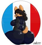  anthro big_breasts big_butt black_hair breasts butt clothing domestic_cat elbow_pads felid feline felis female french_flag fur hair hi_res huge_butt mammal orange_body orange_eyes orange_fur raised_tail side_boob skinsuit solo thehoneybutter thick_thighs tight_clothing whiskers 