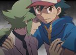  2boys ash_ketchum baseball_cap black_gloves black_hair brown_eyes commentary_request cyaneko fingerless_gloves gloves green_hair hand_on_another&#039;s_shoulder hat long_hair male_focus multiple_boys n_(pokemon) parted_lips pokemon pokemon_(anime) pokemon_bw_(anime) shirt short_sleeves sidelocks white_shirt zipper_pull_tab 