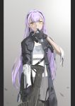  1girl ak-alfa ak-alfa_(girls_frontline) black_gloves bottle drink earrings eyebrows_visible_through_hair flatbox girls_frontline gloves grey_background hairband highres holding holding_bottle holding_weapon jacket jewelry long_hair looking_at_viewer purple_hair solo standing uniform weapon yellow_eyes 