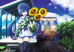  1girl :d aqua_eyes black_legwear blue_hair blush cloud defiaz_(infinity) dress flower ground_vehicle hair_between_eyes hatsune_miku lens_flare long_hair looking_at_viewer low_twintails open_mouth outdoors plant sky smile summer thighhighs tower train twintails vehicle vocaloid white_dress zettai_ryouiki 