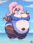  4_fingers alia_(character) anthro belly big_belly big_breasts bikini breasts brown_body brown_fur clothed clothing cloud eyes_closed female fingers fur giant_panda hair mammal navel nekocrispy obese obese_anthro obese_female open_mouth open_smile outside overweight overweight_anthro overweight_female pink_hair signature sky smile solo swimwear ursid water white_body white_fur 