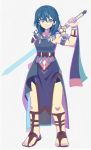  1girl aqua_hair arm_up armlet blue_eyes bracelet byleth_(fire_emblem) byleth_(fire_emblem)_(female) denaseey eyebrows_visible_through_hair fire_emblem fire_emblem:_three_houses hair_between_eyes highres holding holding_sword holding_weapon jewelry looking_at_viewer sandals simple_background solo sword weapon white_background 