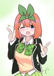  1girl ;d bangs black_jacket blazer blue_eyes blush bow breasts collared_shirt commentary_request eyebrows_behind_hair go-toubun_no_hanayome gradient gradient_background green_background green_bow green_ribbon green_skirt hair_between_eyes hair_ribbon hands_up highres jacket kujou_karasuma looking_at_viewer medium_breasts nakano_yotsuba one_eye_closed open_blazer open_clothes open_jacket open_mouth orange_hair pleated_skirt ribbon shirt signature skirt smile solo star_(symbol) sweater_vest white_background white_shirt 