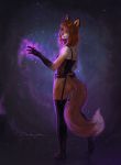  2020 anthro breasts brown_hair butt canid canine devergilia female fox hair hi_res looking_at_viewer magic mammal rear_view simple_background smile solo standing transformation 