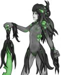  black_hair breasts corrupted female fist genitals green_eyes green_lips grey_body hair hi_res humanoid lips looking_at_viewer melee_weapon nipples nude pseudo_hair pussy small_breasts solo sword syvaron weapon 