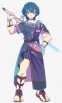  1boy aqua_hair bangs blue_eyes byleth_(fire_emblem) byleth_(fire_emblem)_(male) denaseey fire_emblem fire_emblem:_three_houses hand_on_hip highres holding holding_sword holding_weapon looking_at_viewer sandals short_hair short_sleeves simple_background solo sword weapon white_background 