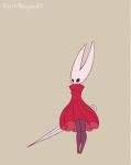  2019 animated anthro arthropod black_eyes brown_background clothing female front_view hollow_knight horn hornet_(hollow_knight) insect jumping kgblagden loop robe sewing_needle signature simple_background solo standing team_cherry video_games weapon 