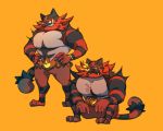  claws closed_mouth commentary_request fangs gen_7_pokemon hands_on_hips highres ina_zuma incineroar looking_at_viewer orange_background paws pokemon pokemon_(creature) red_eyes simple_background sitting smile tail teeth toes yellow_sclera 