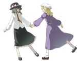  2girls blonde_hair bobby_socks bow brown_hair fedora hat hat_bow holding_hands hota long_skirt long_sleeves lying maribel_hearn mary_janes multiple_girls necktie on_back purple_shirt purple_skirt running shirt shoes skirt socks touhou usami_renko white_background white_shirt 